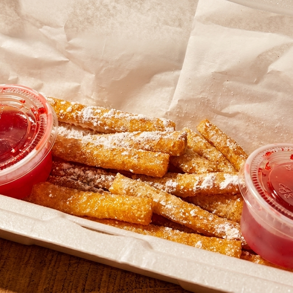 Golden churro fries dusted with powdered sugar and two cups of red dipping sauce in a takeout container.