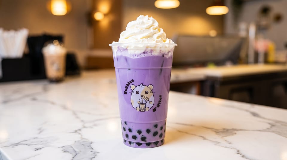Purple taro bubble tea with whipped cream on a marble counter at Bubbles N' Bites.