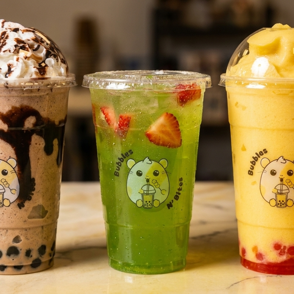 Three colorful bubble tea drinks, including chocolate, green tea with strawberries, and mango with boba.