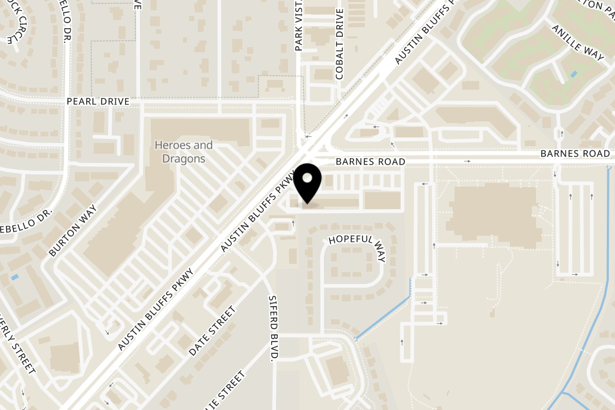 Map showing the location of Bubbles N' Bites on 4537 Austin Bluffs Pkwy in Colorado Springs